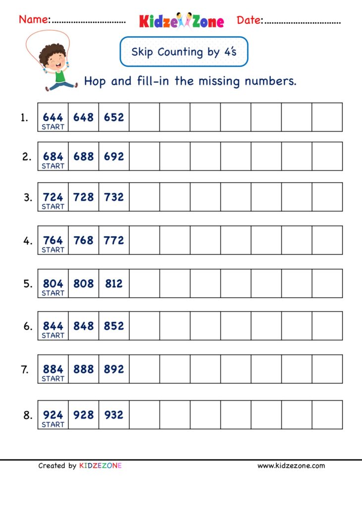 Math Number worksheets skip counting by 4 