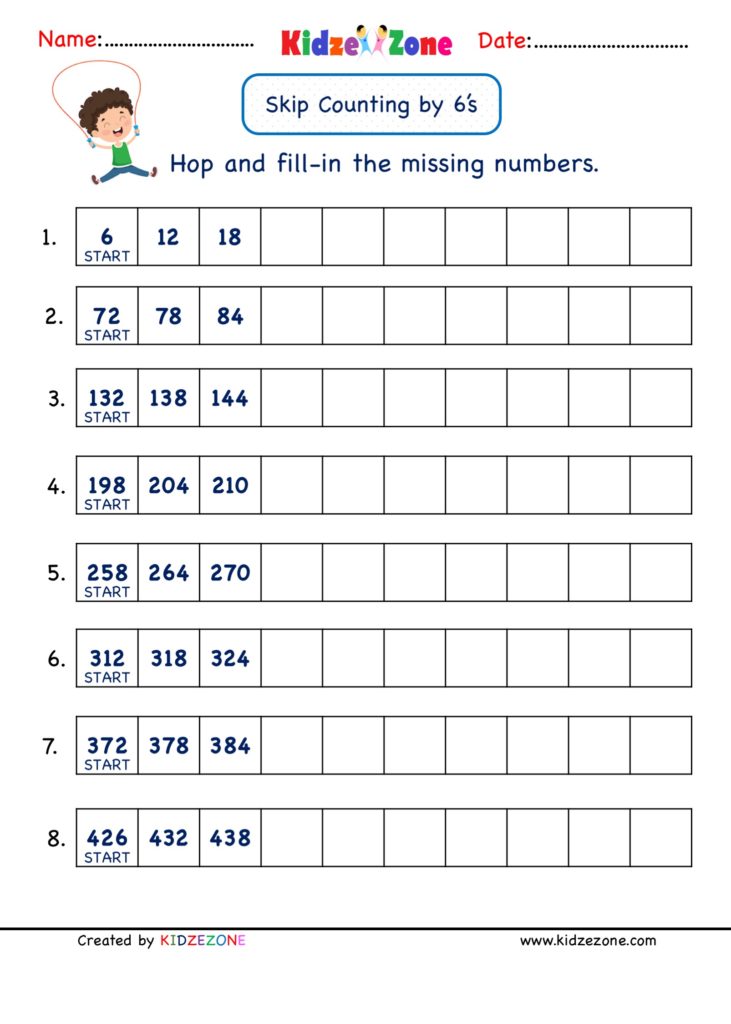 Math Number Practice worksheets - Skip Counting by 6