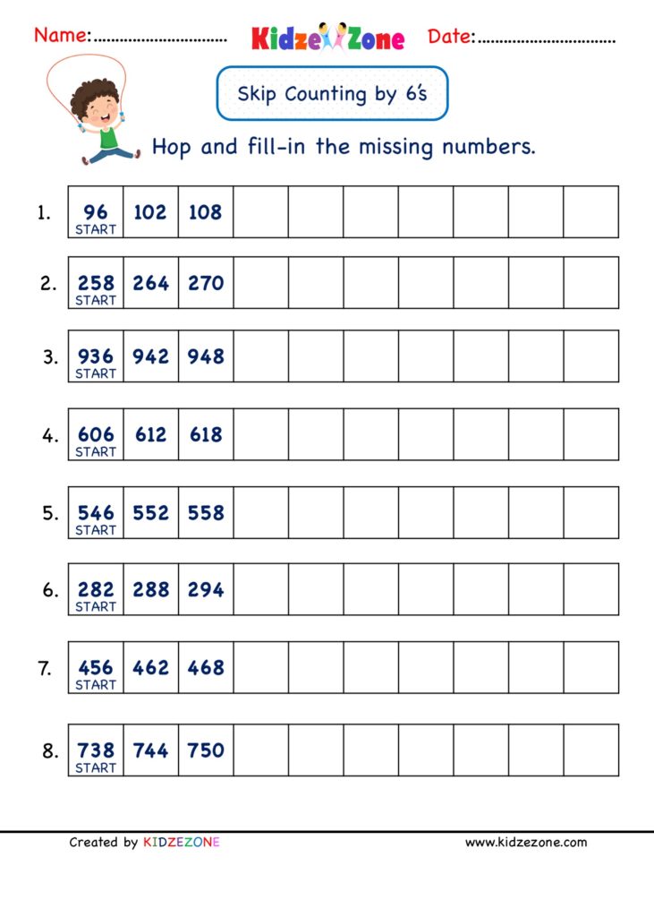 Math Number Practice Worksheets - Skip Counting by 6
