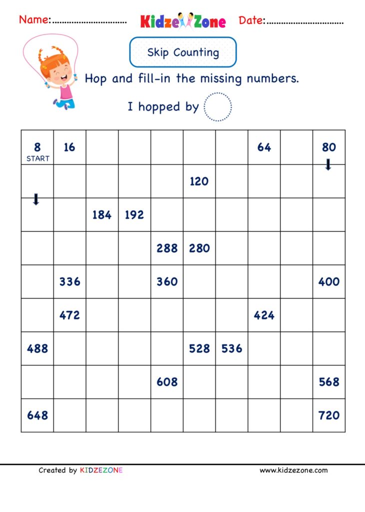 Math Number worksheets - Skip Counting by 8