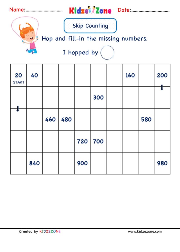 Math number Skip Counting by 20, worksheet 2