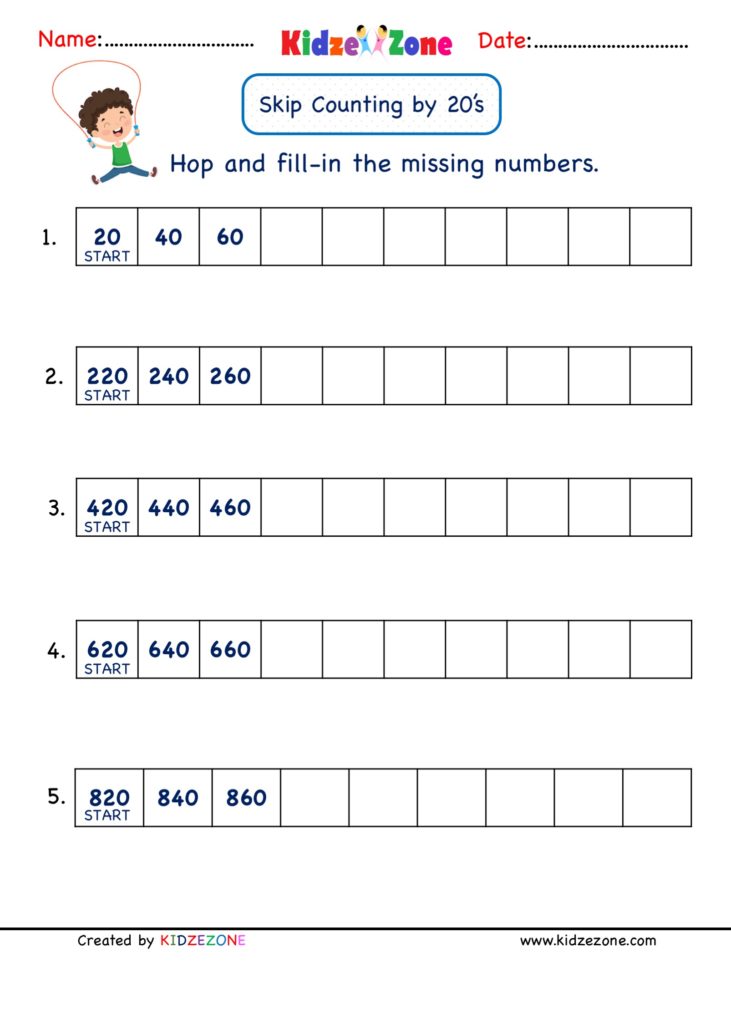 Math Number Skip Counting by 20, worksheet 2