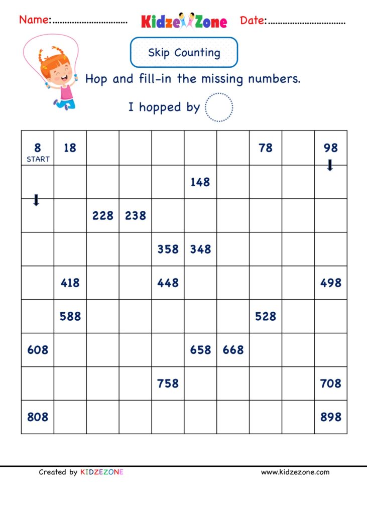 Math number worksheet Skip counting by 10, range 8 to 898