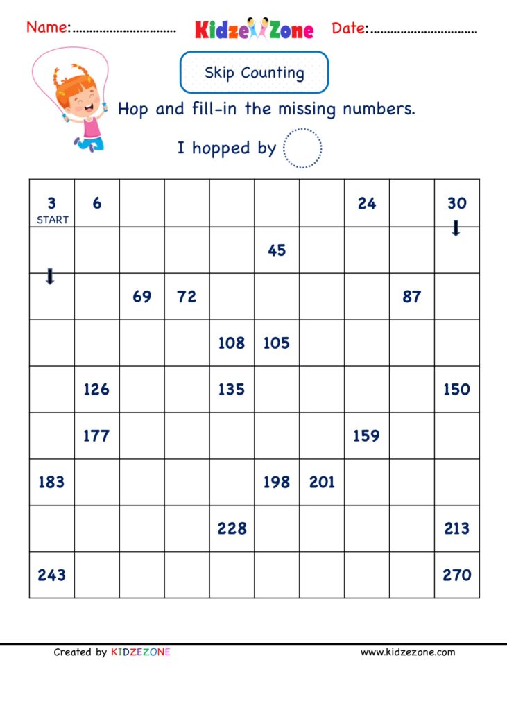 Math Number Worksheets - Skip Counting by 3 ( range 3 to 270)