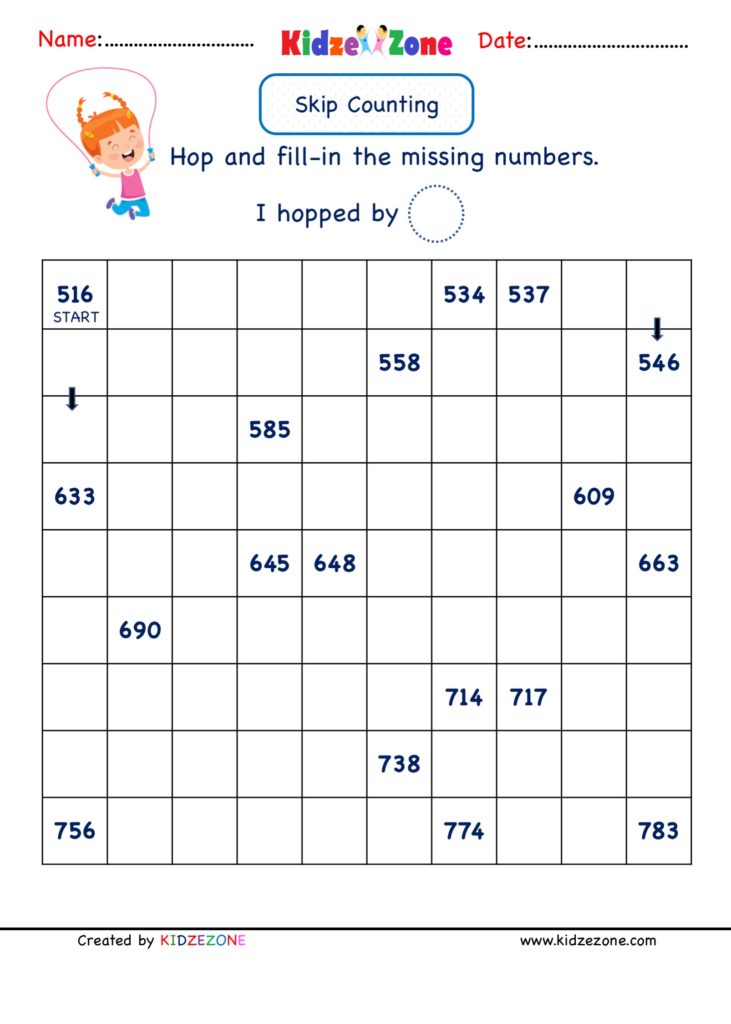 Math Number worksheets - Skip Counting by 3 ( range 516 to 783)