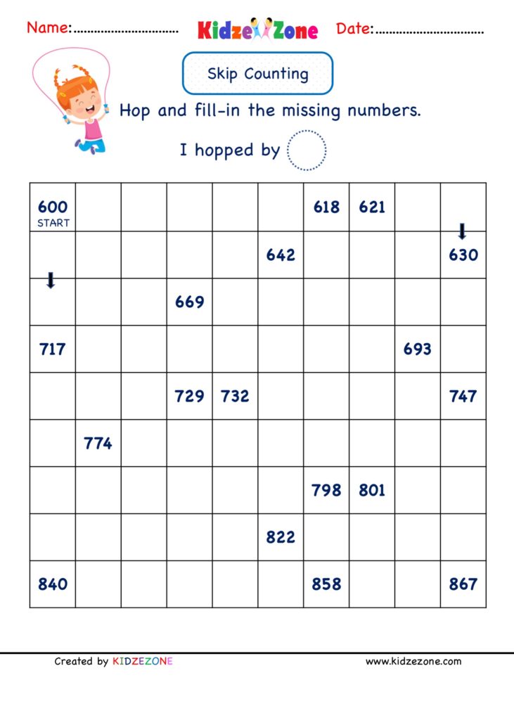 Math Number Worksheets - Skip Counting by 3 ( range 600 to 867)