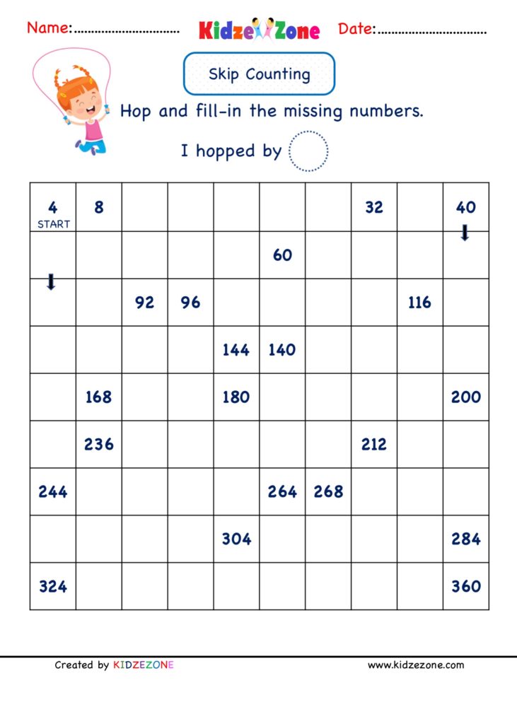 Math Number worksheets - Skip Counting by 4 ( range 4 to 360)
