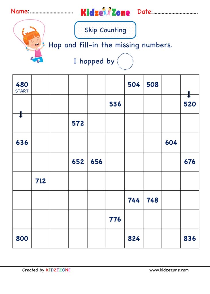 Math Number worksheets - Skip Counting by 4 ( range 480 to 836)