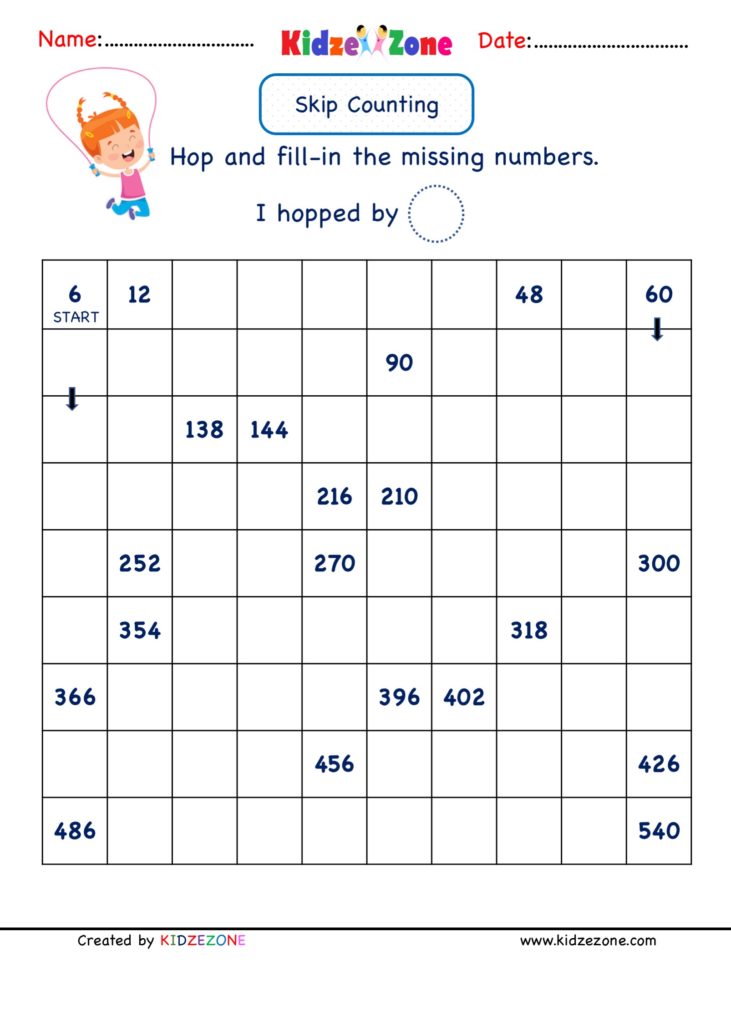 Math Number worksheets - Skip Counting by 6