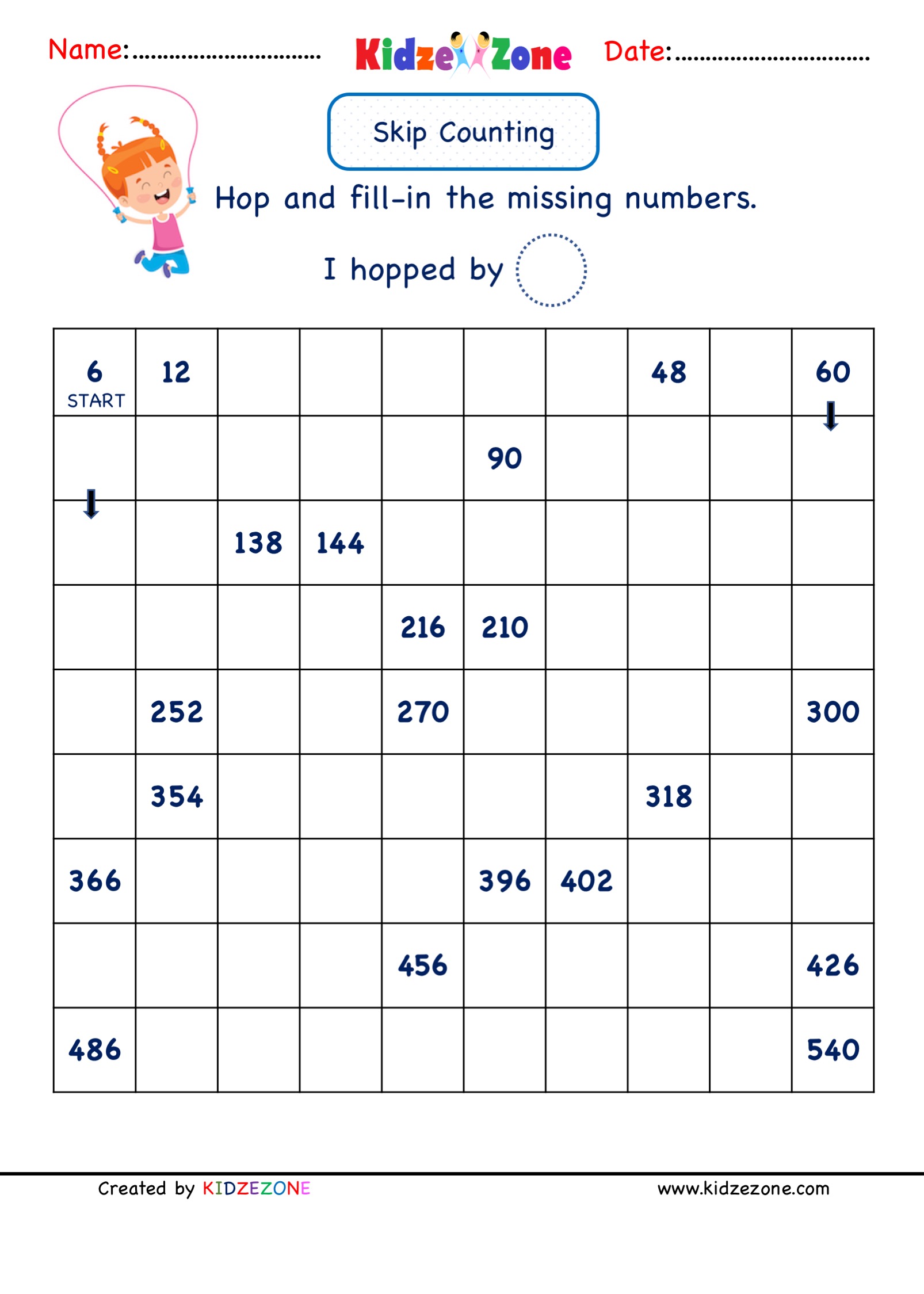 Grade 2 Math Number Practice worksheets - Skip Counting by 6