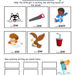 Kindergarten Writing Worksheet aw word family starting sound