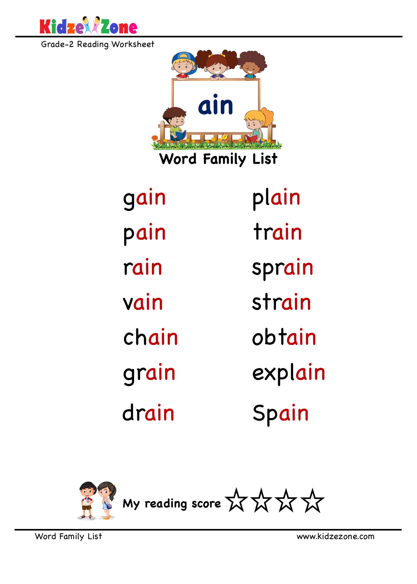 explore and learn words from ain word family with word list worksheet