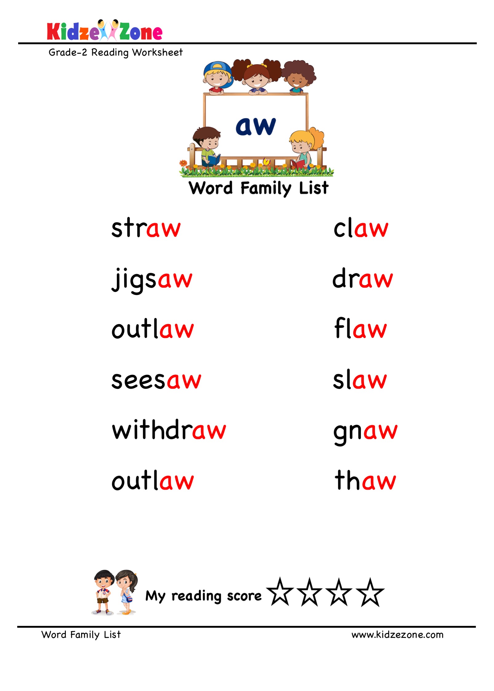 Explore and learn words from "aw" word family with word list worksheet