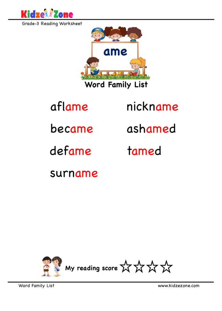ame Word Family word list for 3rd Grade