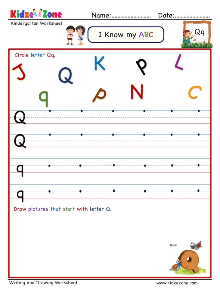 Kindergarten Letter Q Writing and Activity worksheet