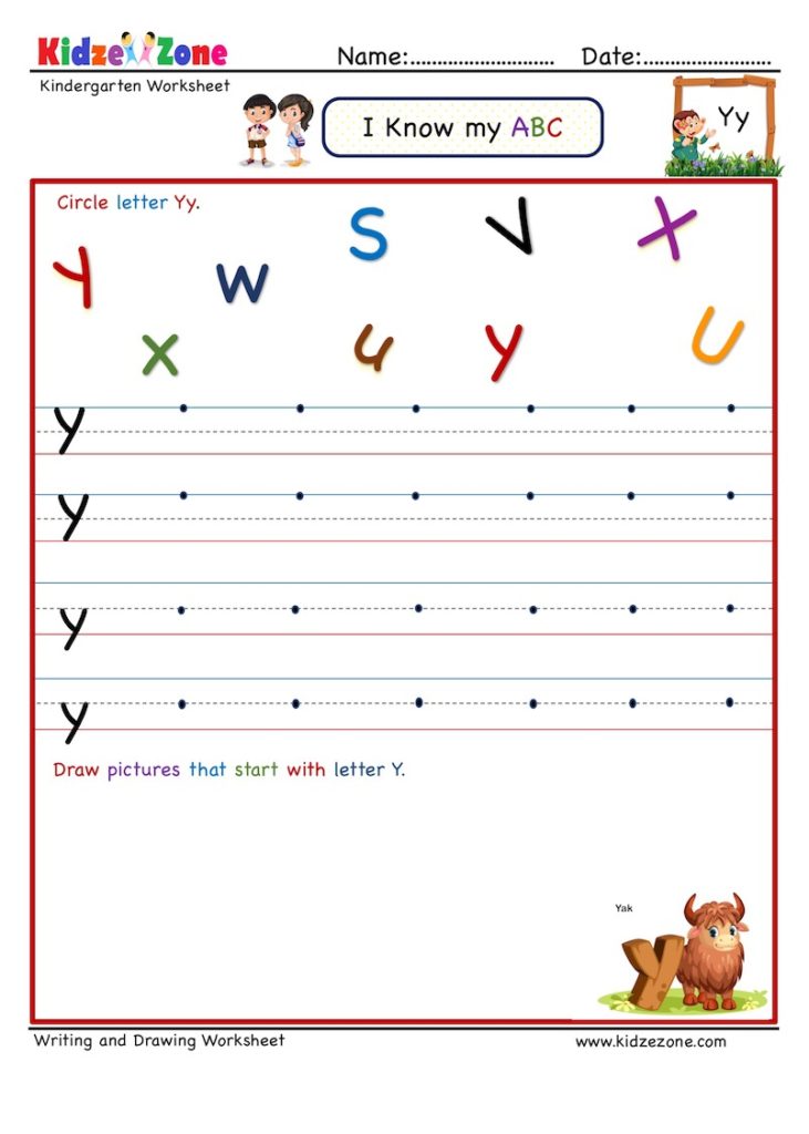 Kindergarten Letter Writing worksheets - Letter Y
