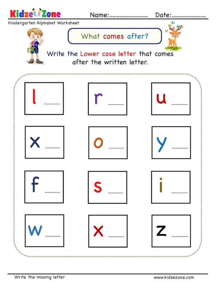 Expand child's letter recognition skills and practice letter writing by writing missing letter in the sequence. Download letter writing worksheets. Improve visual discrimination and fine motor skills. Learn Lower case letters, Letter sequence, what letter comes before, what letter comes after worksheet