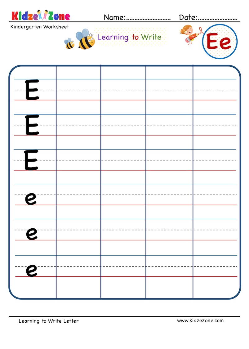 Kindergarten Letter E Writing Worksheet - KidzeZone