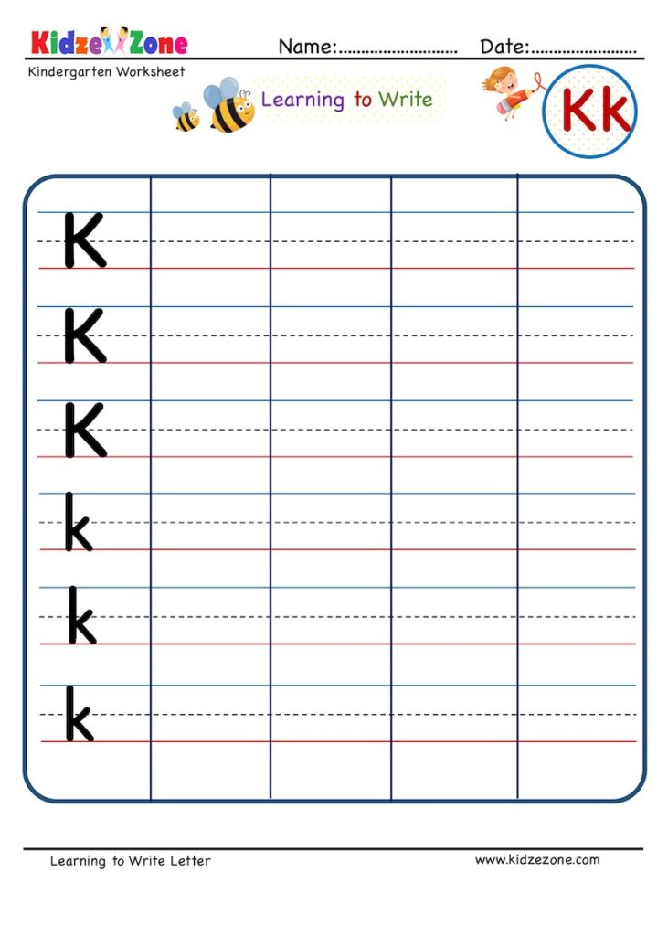 Kindergarten Letter K Writing in Lines Worksheet