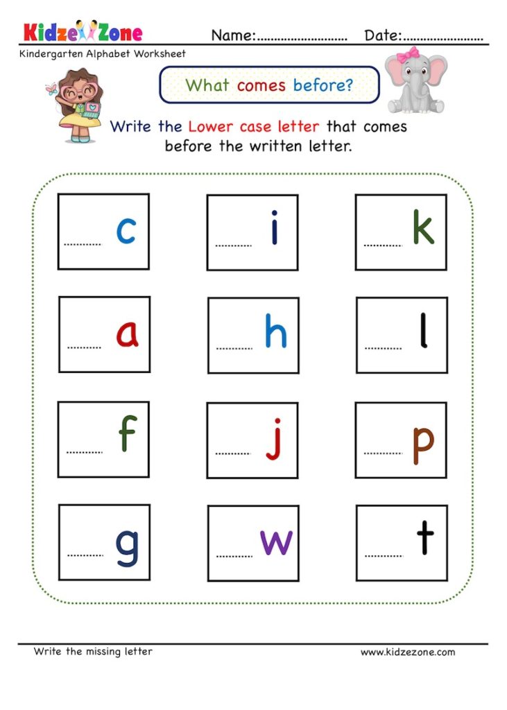 Kindergarten Missing Letter Worksheet. Expand child's letter recognition and practice letter order by writing what letter comes before a letter in the sequence. Download Missing letter writing  worksheets. Improve visual discrimination and fine motor skills