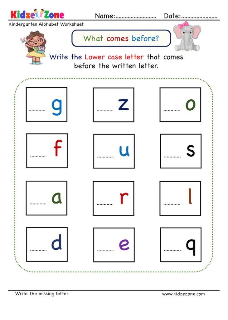 Kindergarten Missing Letter Worksheet - What Comes Before