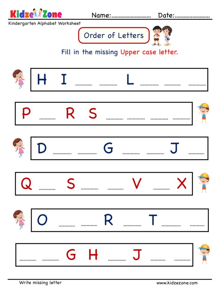 Kindergarten Missing Letter Writing Worksheet. Write missing upper case letters in correct order