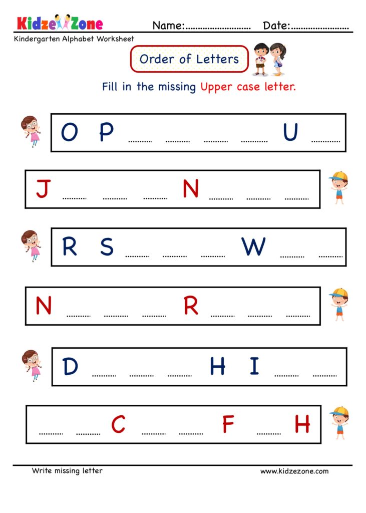 Kindergarten Missing Letter Writing Worksheet. Write missing upper case letters in correct order