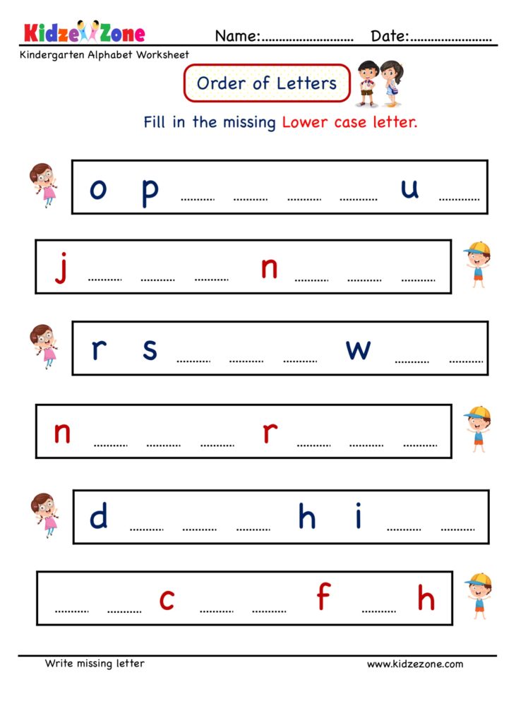 Kindergarten Missing Letter Writing Worksheet. Write missing lower case letters in correct order
