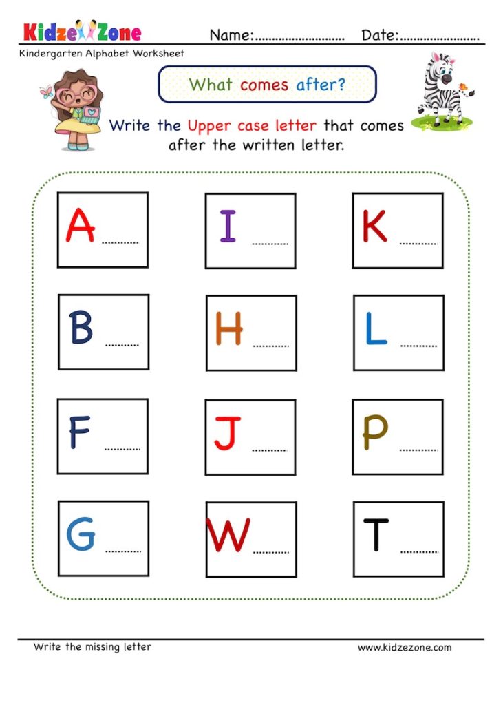 Expand child's letter recognition skills and practice writing the missing letter. Download letter writing worksheets. Improve visual discrimination and fine motor skills. Learn Lower case letters, Letter sequence, what letter comes before, what letter comes after worksheet