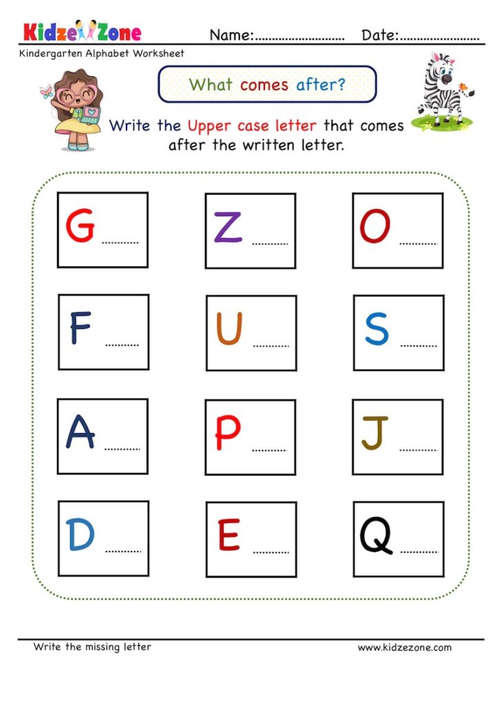 Expand child's letter recognition skills and practice writing the missing letter. Download letter writing worksheets. Improve visual discrimination and fine motor skills. Learn Upper case letters, Letter sequence, what upper case letter comes after printed letter