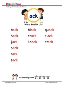 Kindergarten ack Word Family words list