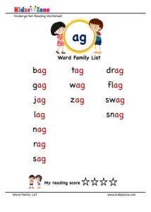 Kindergarten ag Word Family words list