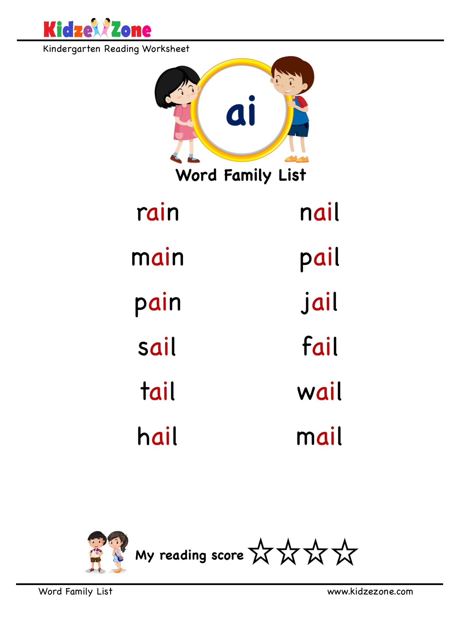 Explore and learn words from "ai" word family with word list worksheet