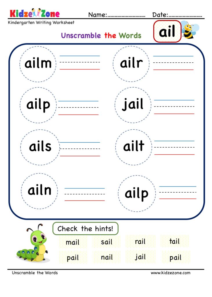 Kindergarten ail word family Unscramble Worksheet