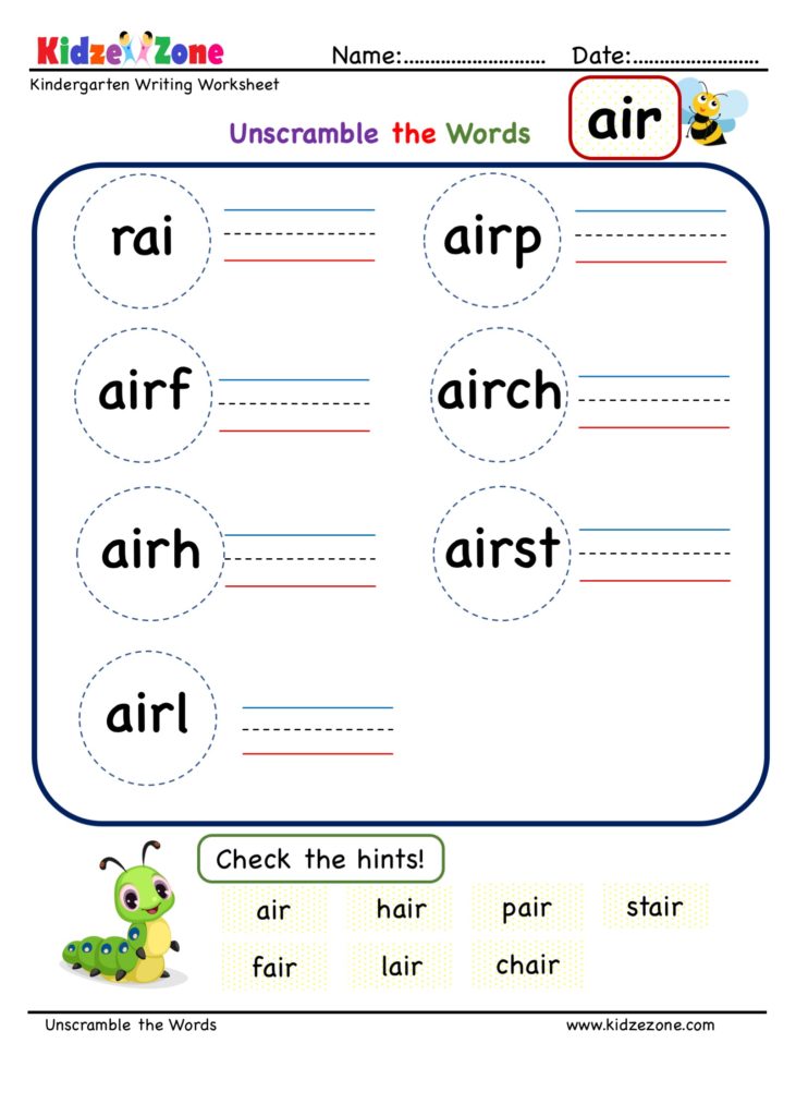 Kindergarten air word family Unscramble worksheet