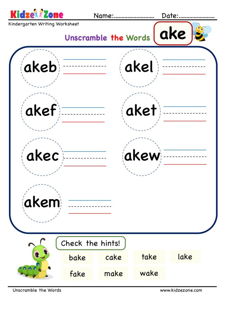 Kindergarten ake word family Unscramble worksheet
