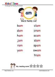 Kindergarten am Word Family words list