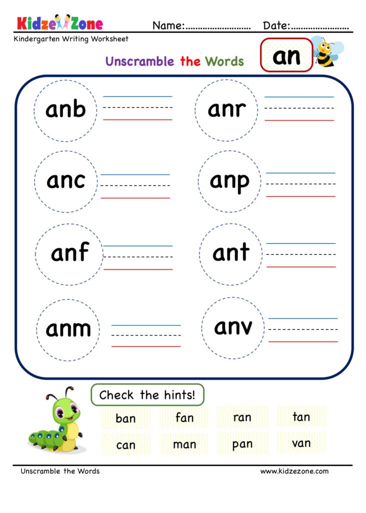 Kindergarten an word family Unscramble worksheet