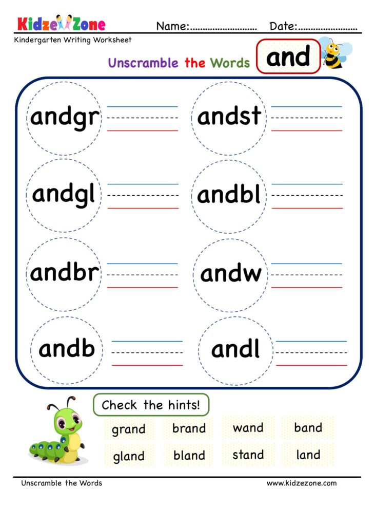Kindergarten and word family Unscramble worksheet
