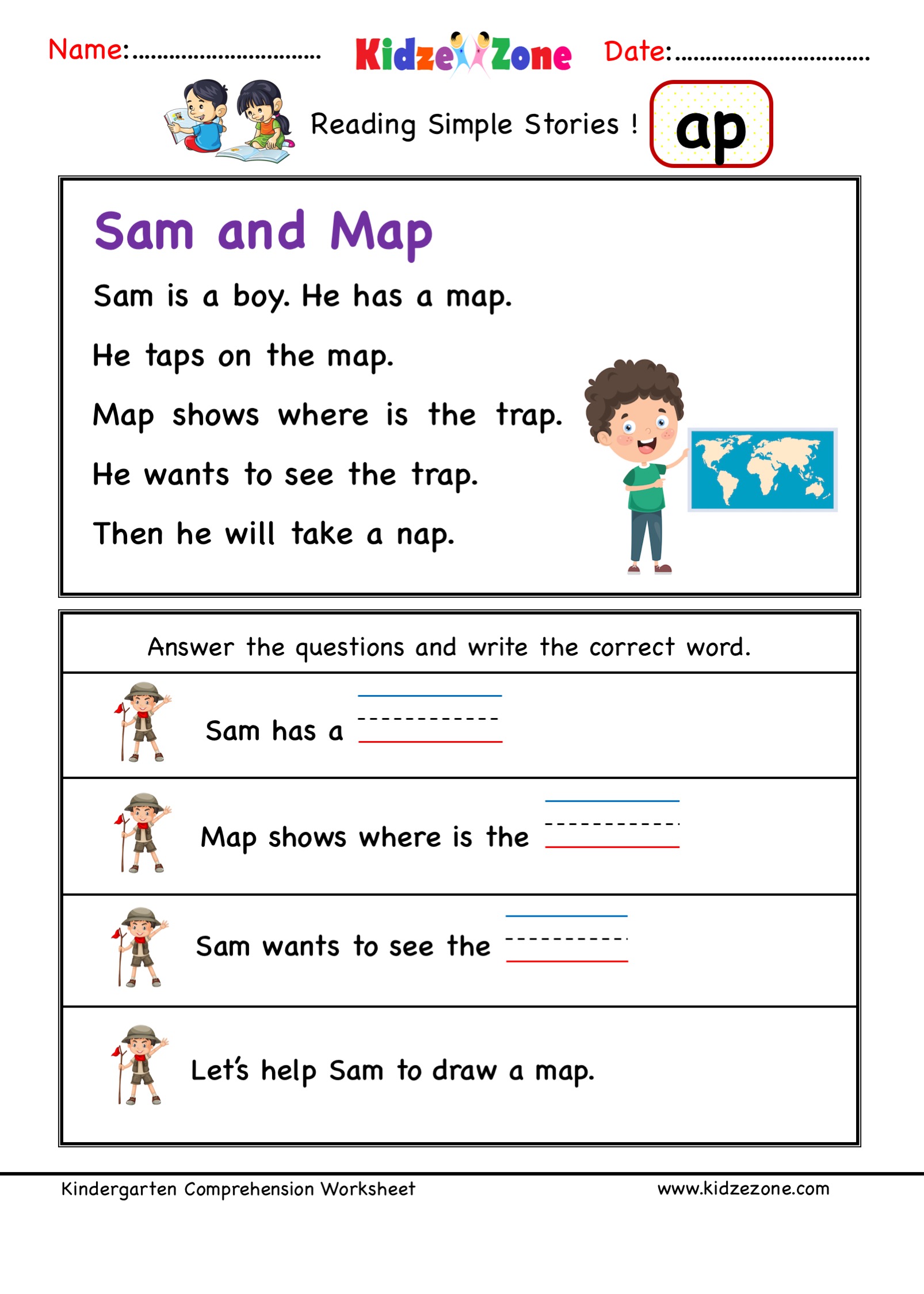 Kindergarten worksheets - ap word family - reading Comprehension