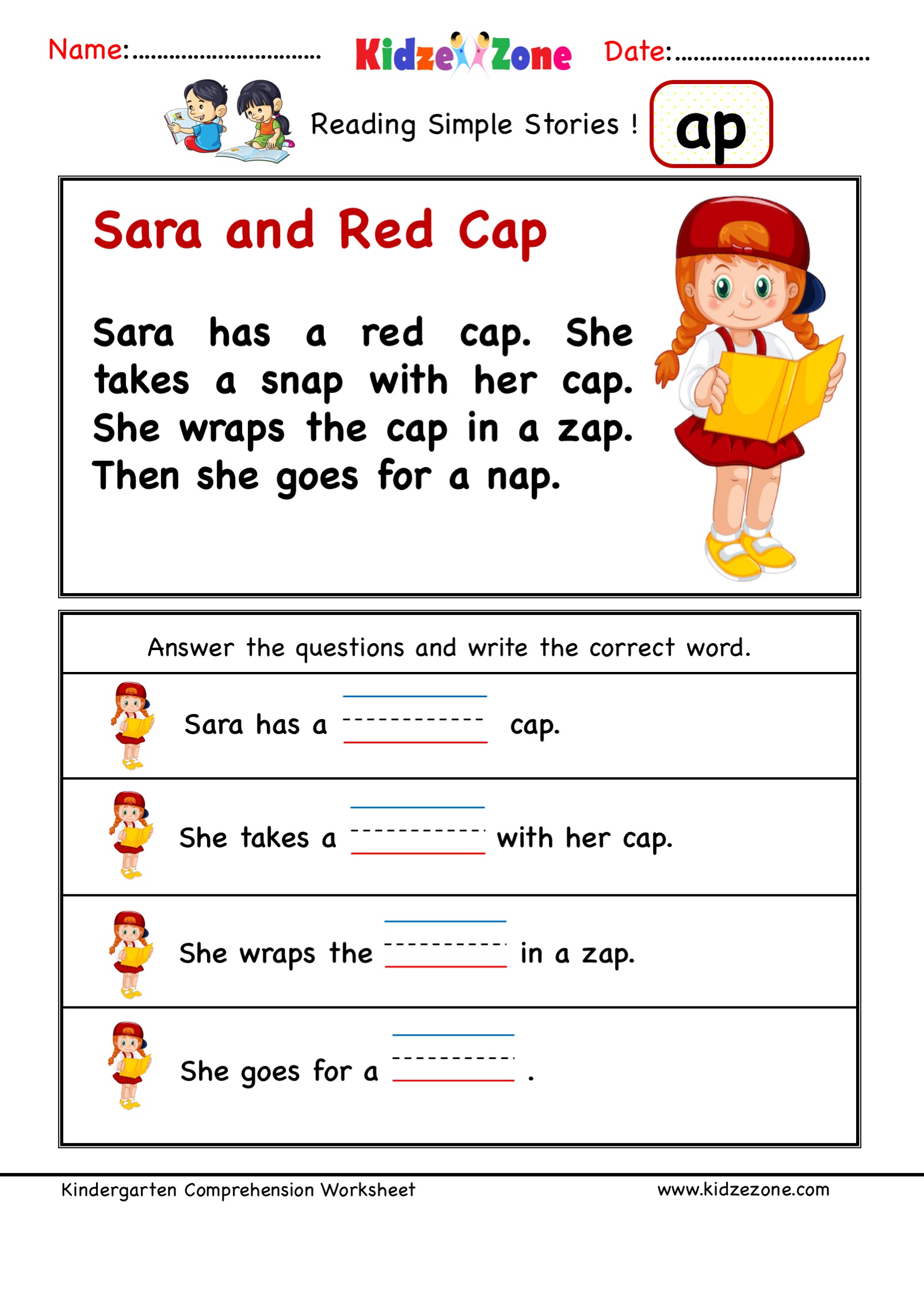 Kindergarten worksheets - ap word family - Comprehension