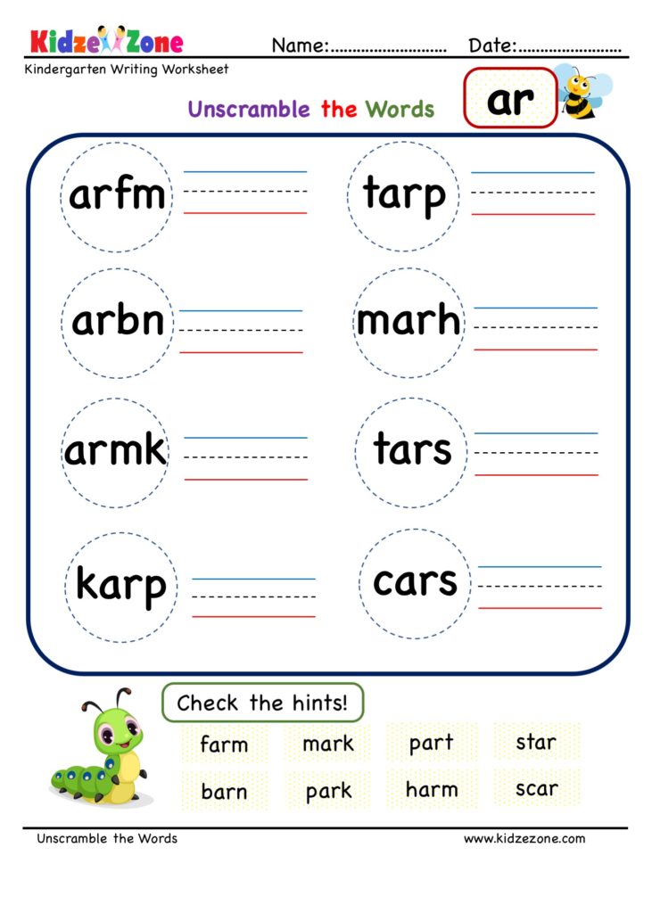 Kindergarten Ar Word Family Unscramble Worksheets