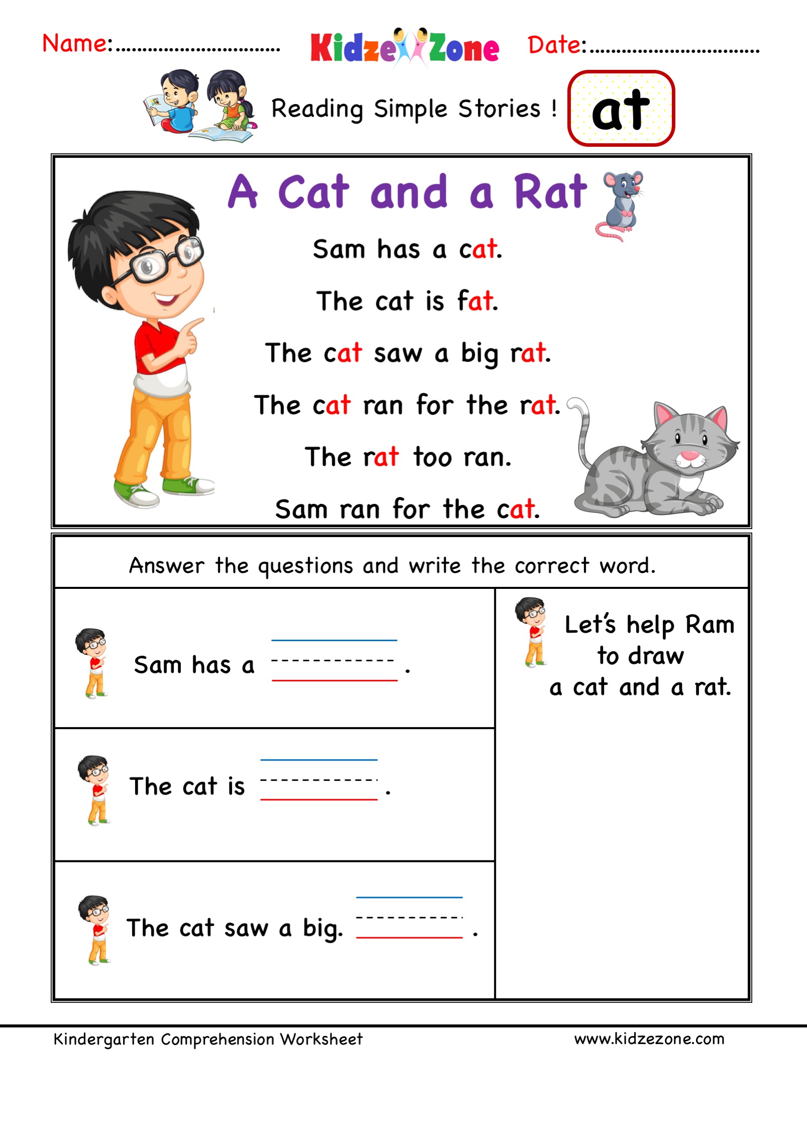 Kindergarten worksheets - at word family reading Comprehension