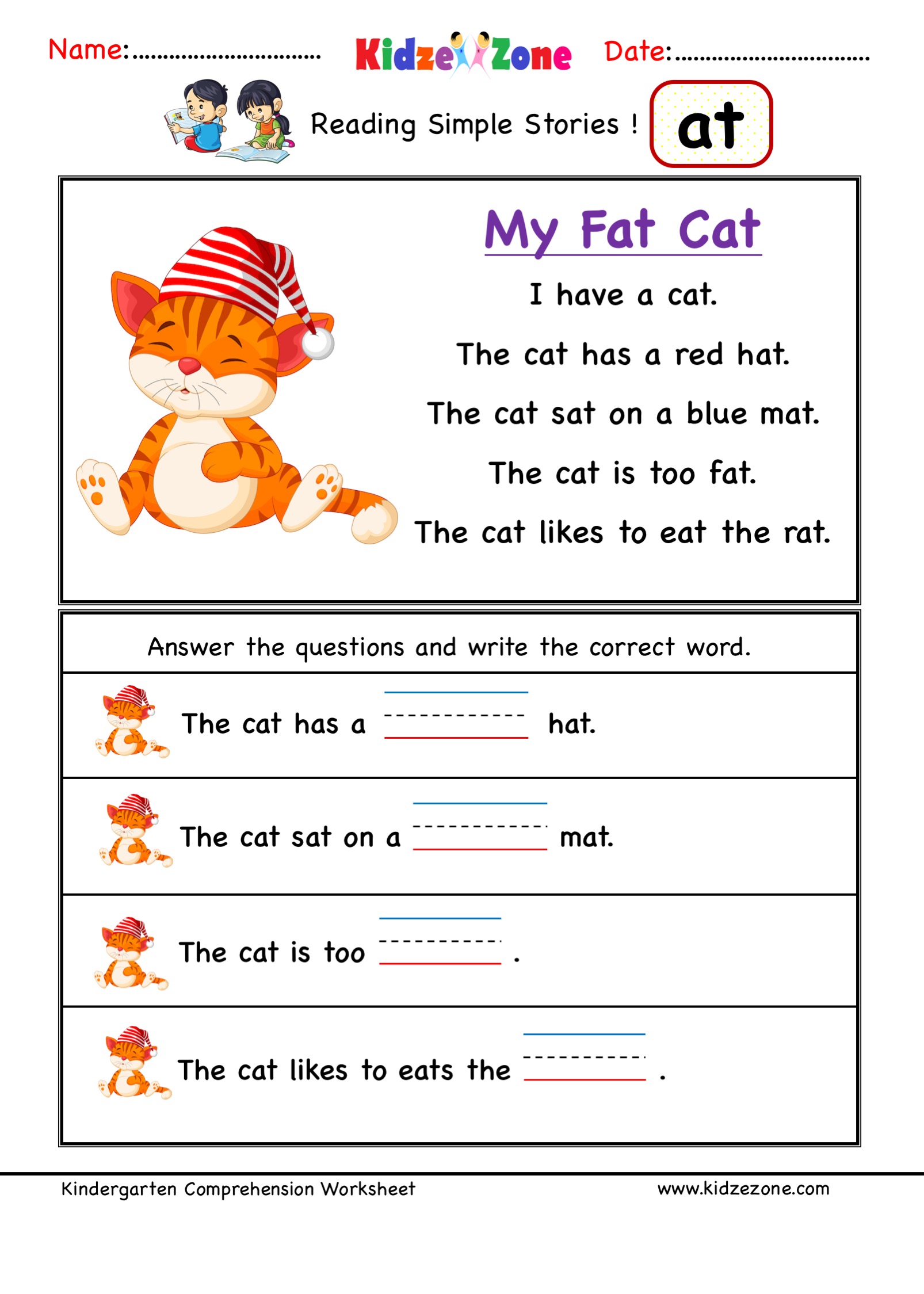 Kindergarten worksheets at word family reading Comprehension 3