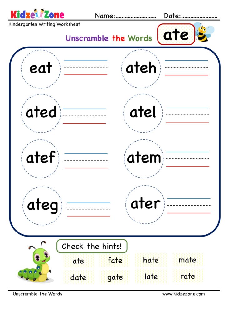 Kindergarten ate word family Unscramble Worksheet
