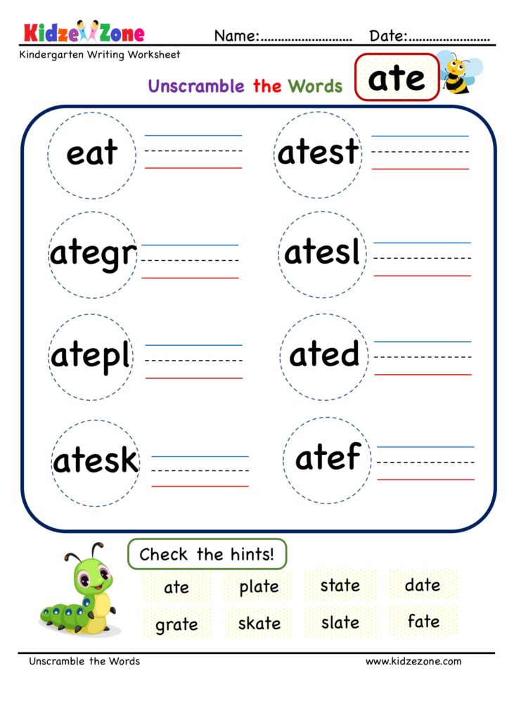 Kindergarten ate word family Unscramble words worksheet