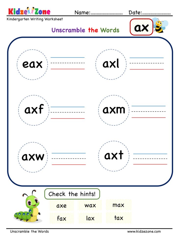 Kindergarten ax word family Unscramble worksheet