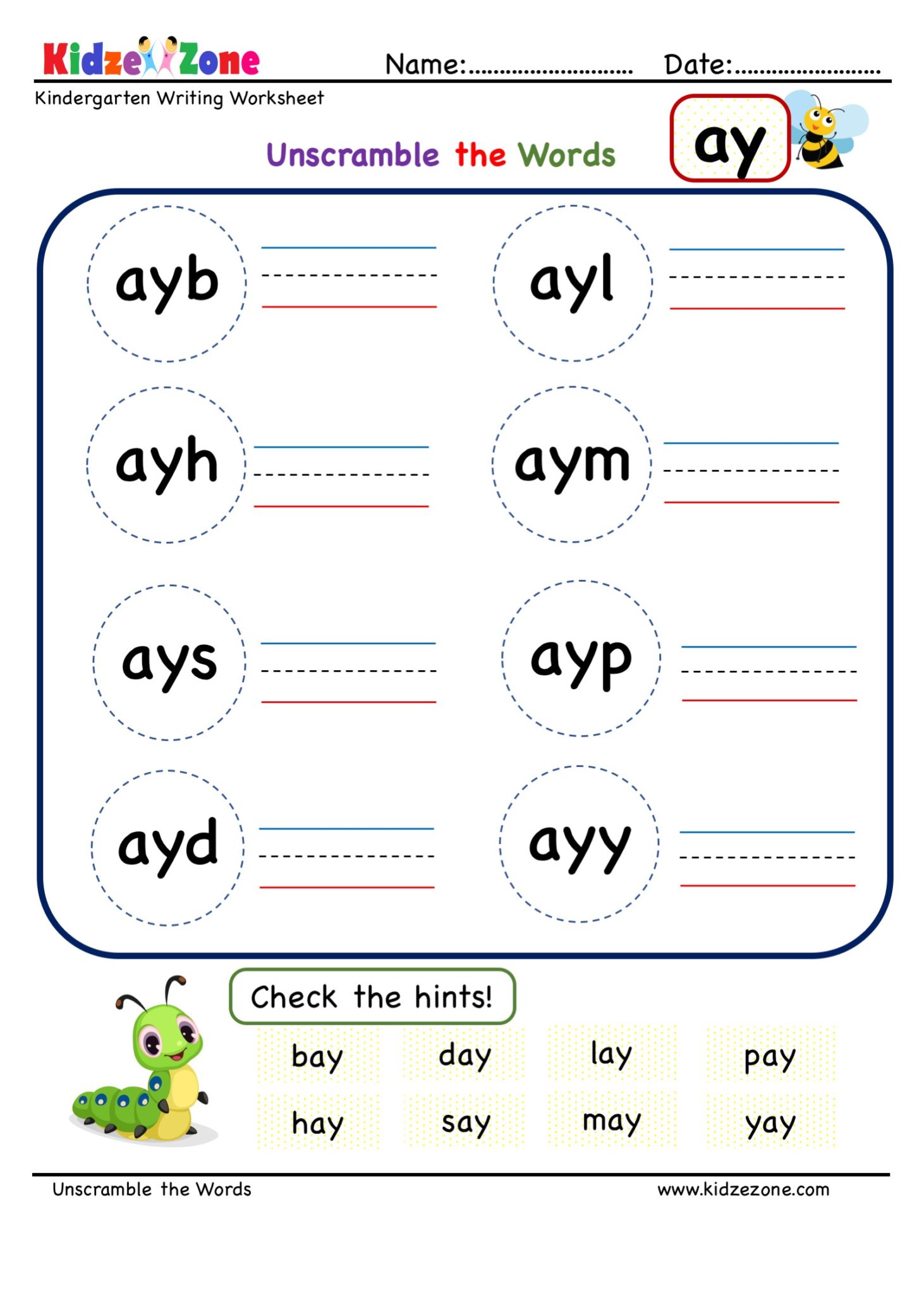 Kindergarten Ay Word Family Unscramble Worksheets