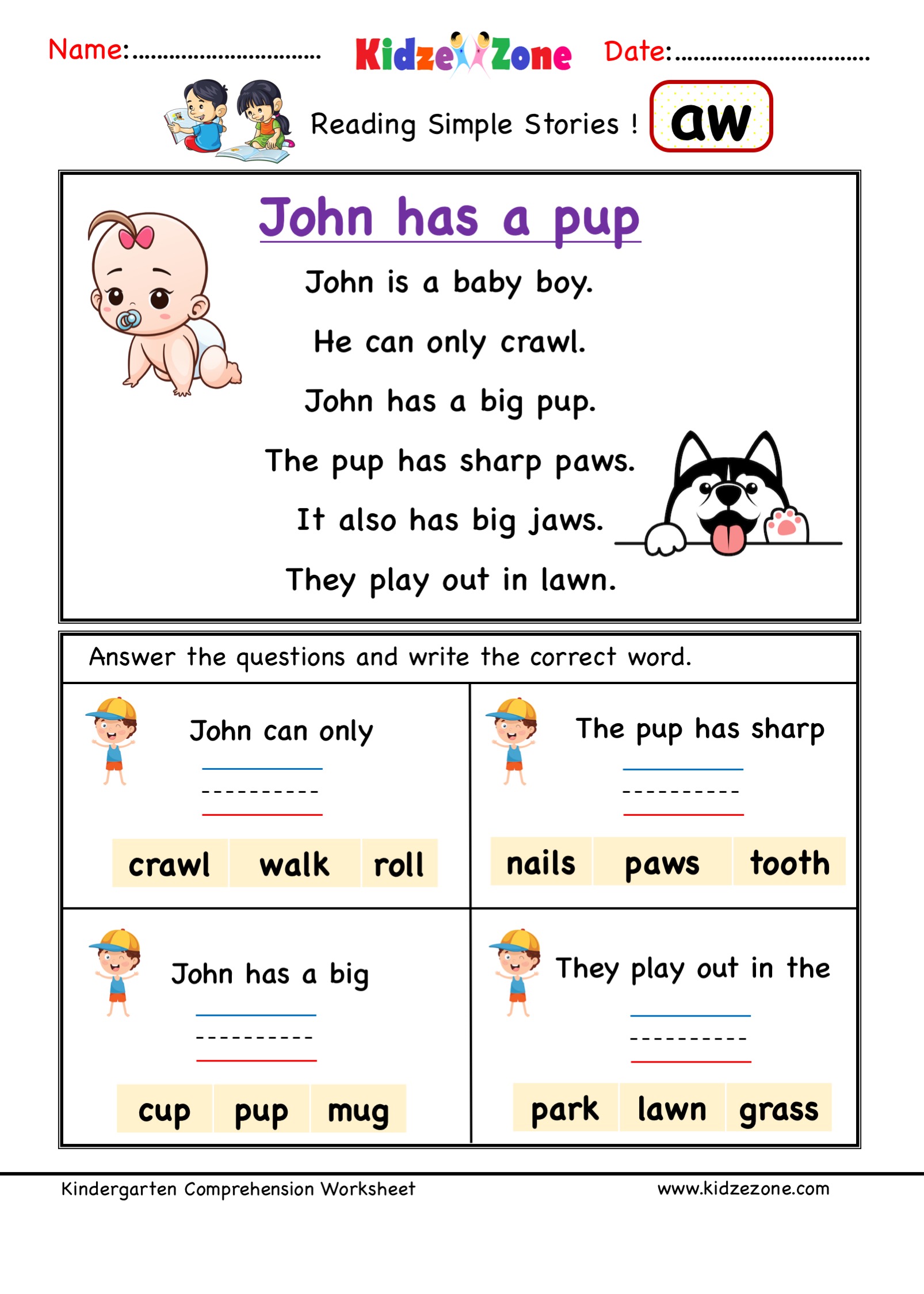 Kindergarten worksheets - aw word family -Comprehension 2