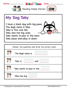 Kindergarten worksheet - aw word family - comprehension 2